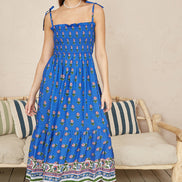 Yumi Blue Strappy Paisley Print Midi Dress with Ruched Bodice