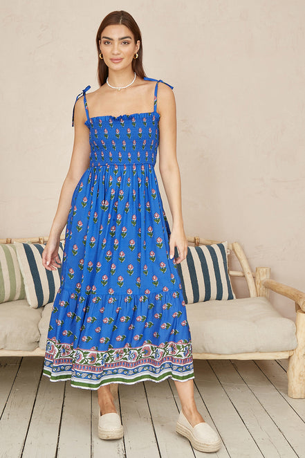 Yumi Blue Strappy Paisley Print Midi Dress with Ruched Bodice