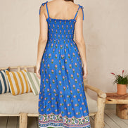 Yumi Blue Strappy Paisley Print Midi Dress with Ruched Bodice