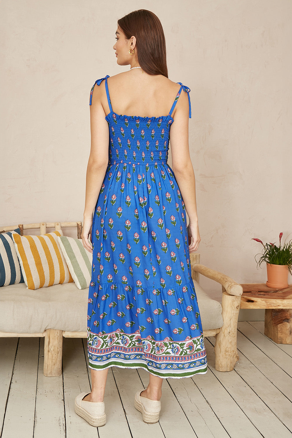 Yumi Blue Strappy Paisley Print Midi Dress with Ruched Bodice