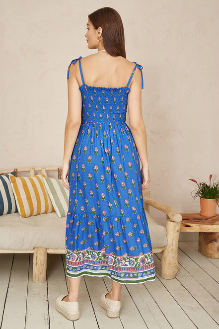 Yumi Blue Strappy Paisley Print Midi Dress with Ruched Bodice