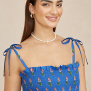 Yumi Blue Strappy Paisley Print Midi Dress with Ruched Bodice