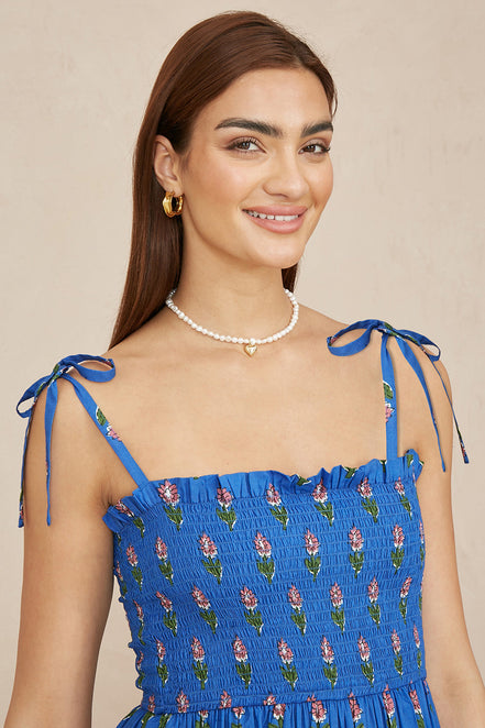 Yumi Blue Strappy Paisley Print Midi Dress with Ruched Bodice
