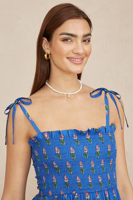Yumi Blue Strappy Paisley Print Midi Dress with Ruched Bodice