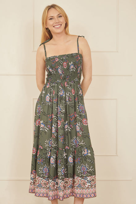 Yumi Green Strappy Paisley Print Midi Dress with Ruched Bodice