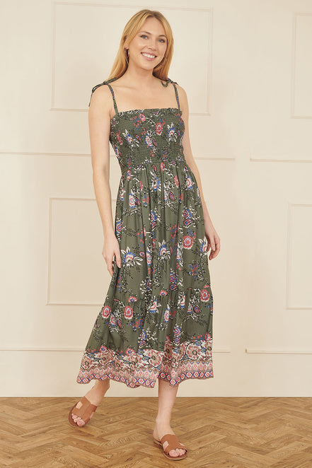 Yumi Green Strappy Paisley Print Midi Dress with Ruched Bodice