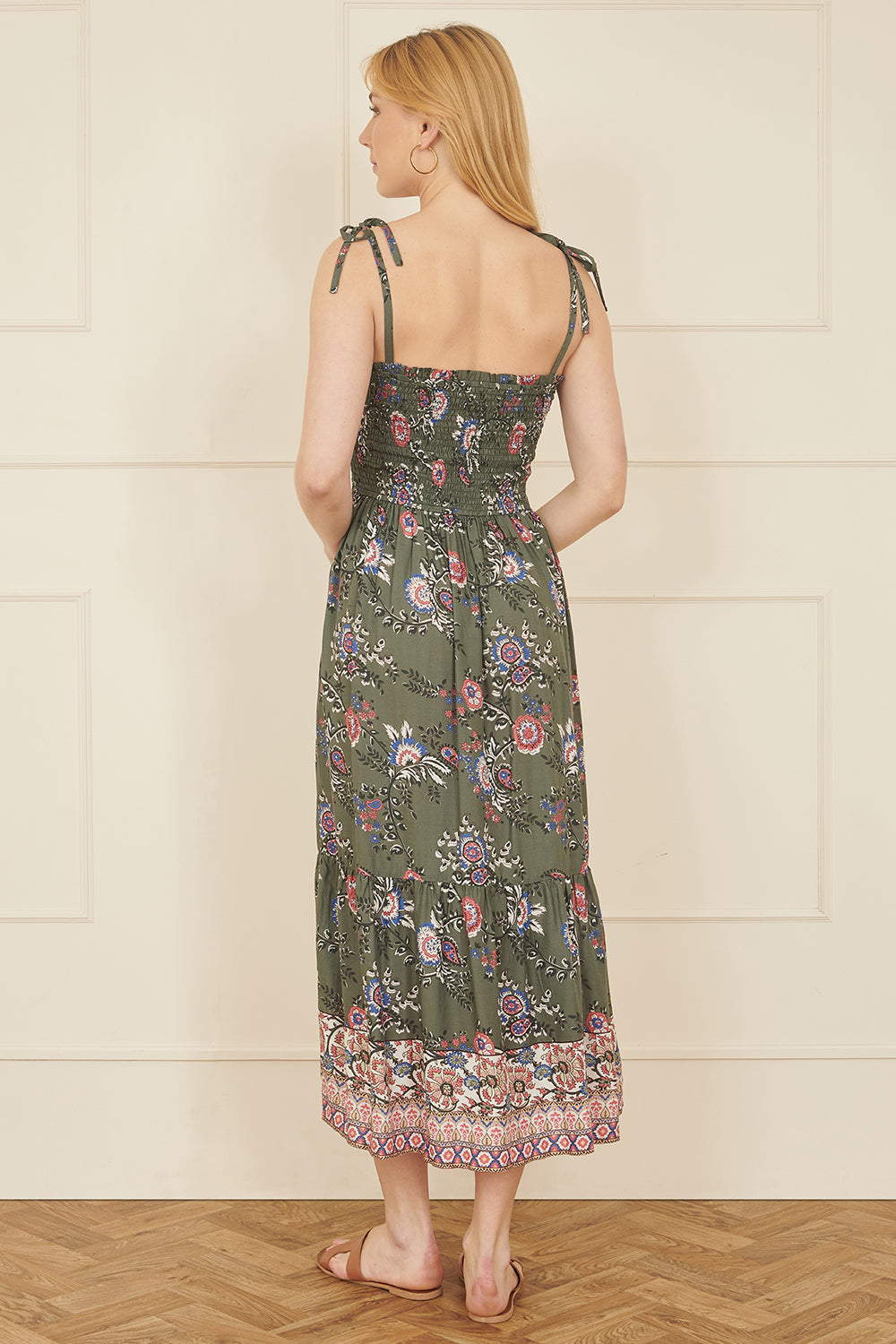 Yumi Green Strappy Paisley Print Midi Dress with Ruched Bodice
