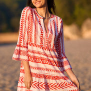 Yumi Coral Geo Stripe Print Beach Tunic
