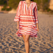Yumi Coral Geo Stripe Print Beach Tunic