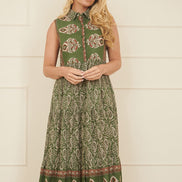 Yumi Green Cotton Paisley Midi Sleeveless Shirt Dress