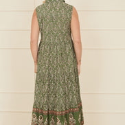 Yumi Green Cotton Paisley Midi Sleeveless Shirt Dress