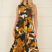 Yumi Navy Cotton Leaf Midi Sleeveless Shirt Dress