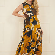 Yumi Navy Cotton Leaf Midi Sleeveless Shirt Dress