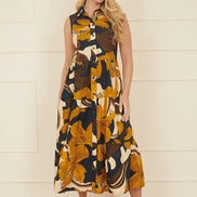 Yumi Navy Cotton Leaf Midi Sleeveless Shirt Dress