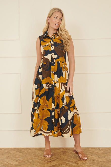 Yumi Navy Cotton Leaf Midi Sleeveless Shirt Dress