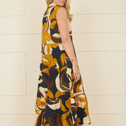 Yumi Navy Cotton Leaf Midi Sleeveless Shirt Dress