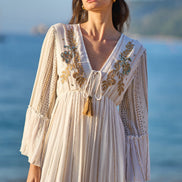 Yumi White Metallic Embellished Maxi Dress with Long Sleeves