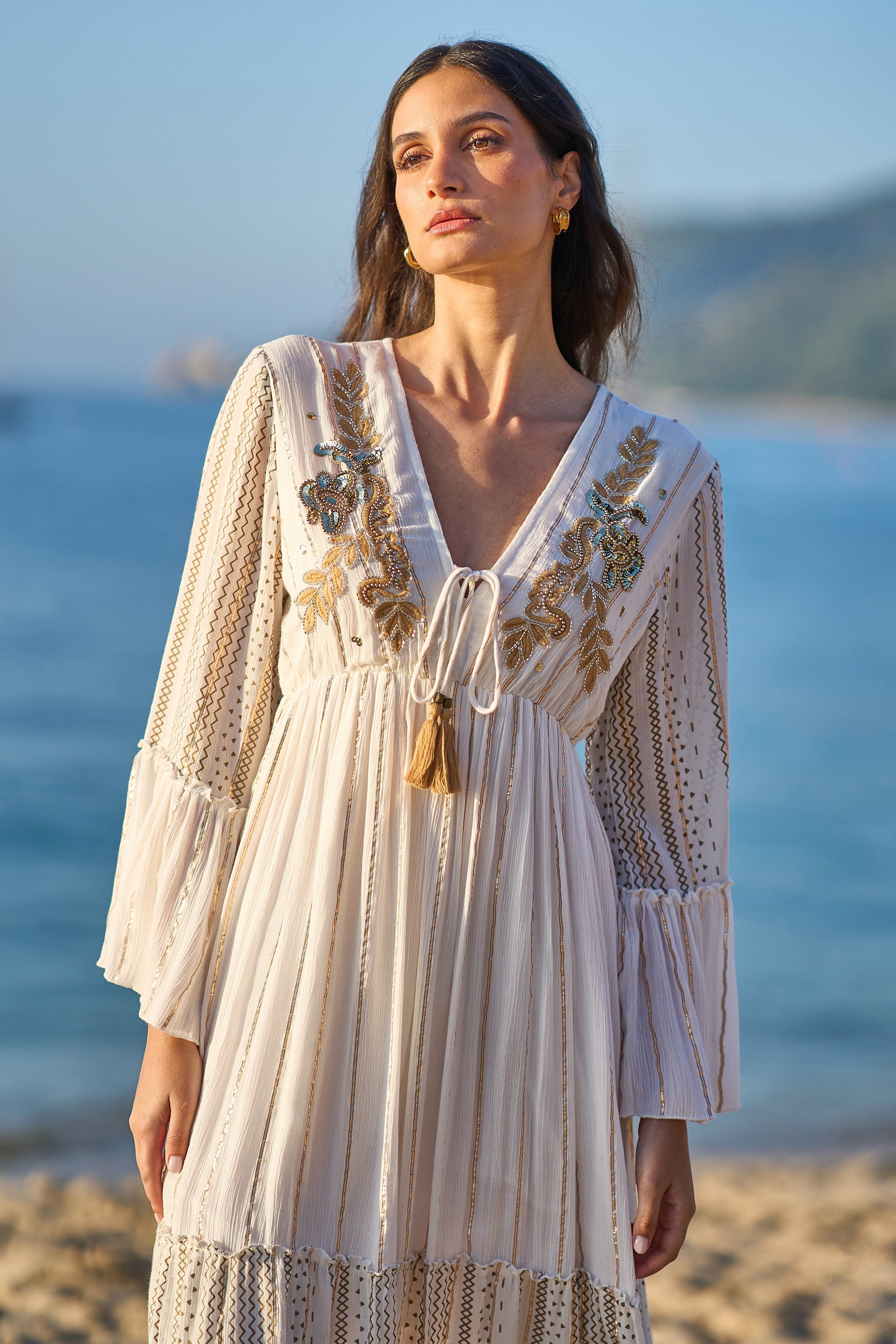 Yumi White Metallic Embellished Maxi Dress with Long Sleeves