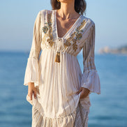 Yumi White Metallic Embellished Maxi Dress with Long Sleeves