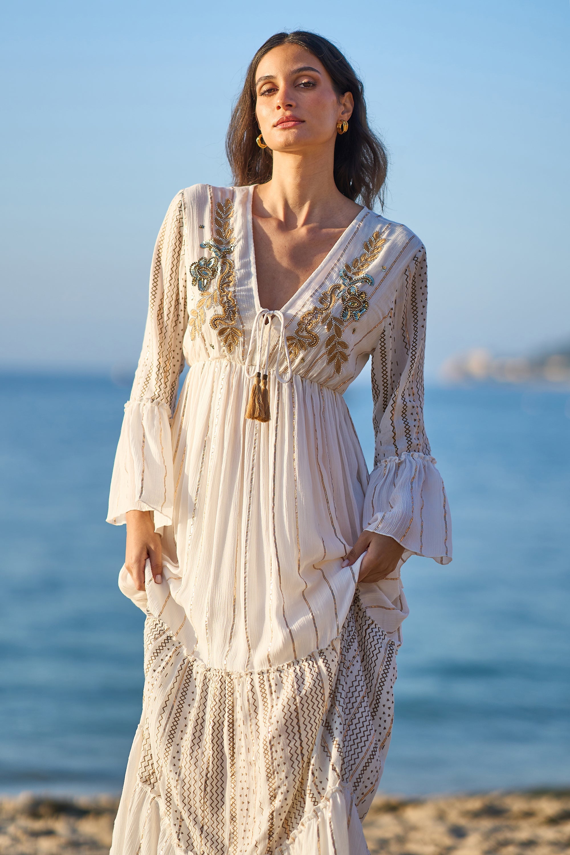 Yumi White Metallic Embellished Maxi Dress with Long Sleeves