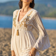 Yumi White Metallic Embellished Maxi Dress with Long Sleeves