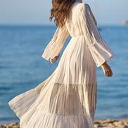 Yumi White Metallic Embellished Maxi Dress with Long Sleeves