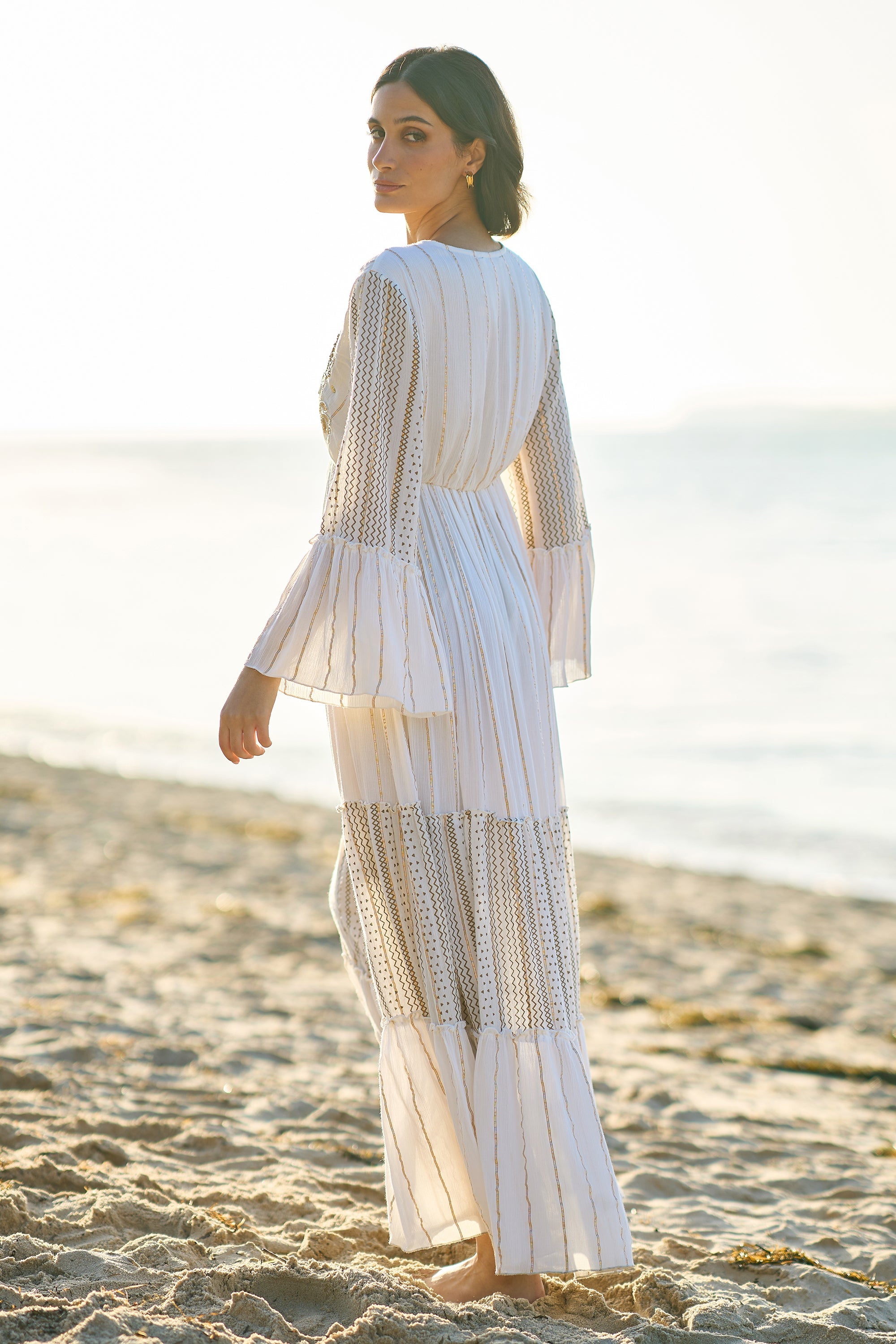 Yumi White Metallic Embellished Maxi Dress with Long Sleeves