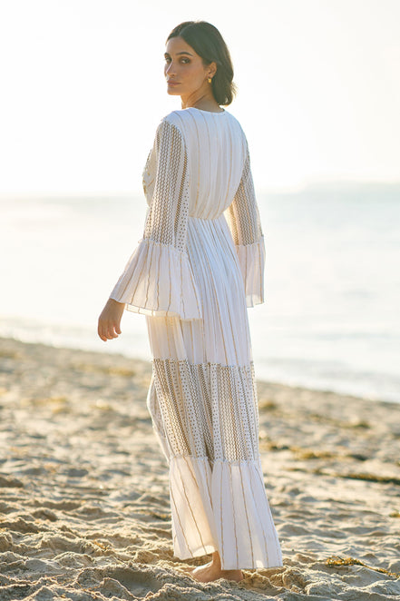 Yumi White Metallic Embellished Maxi Dress with Long Sleeves