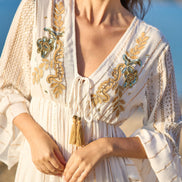 Yumi White Metallic Embellished Maxi Dress with Long Sleeves