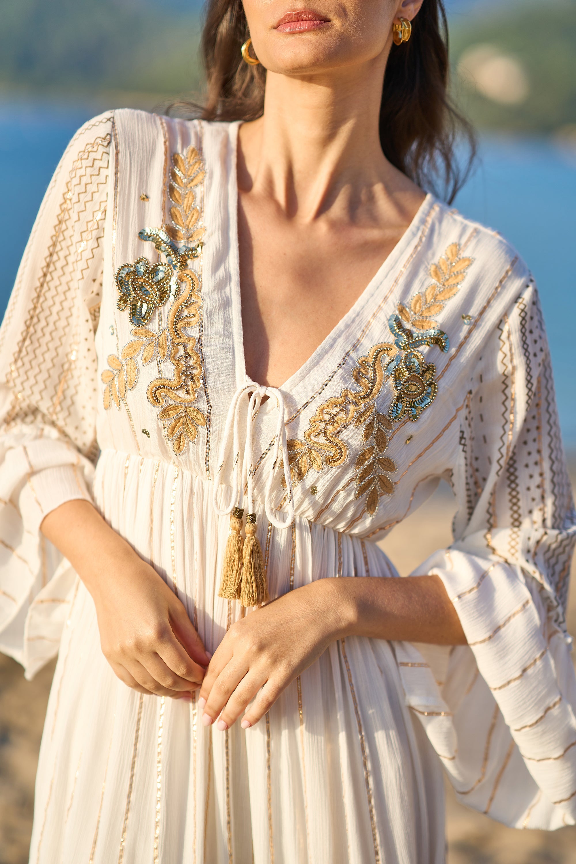 Yumi White Metallic Embellished Maxi Dress with Long Sleeves