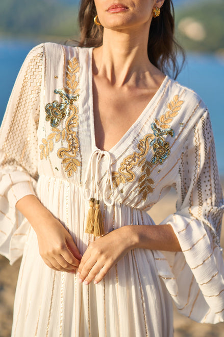 Yumi White Metallic Embellished Maxi Dress with Long Sleeves