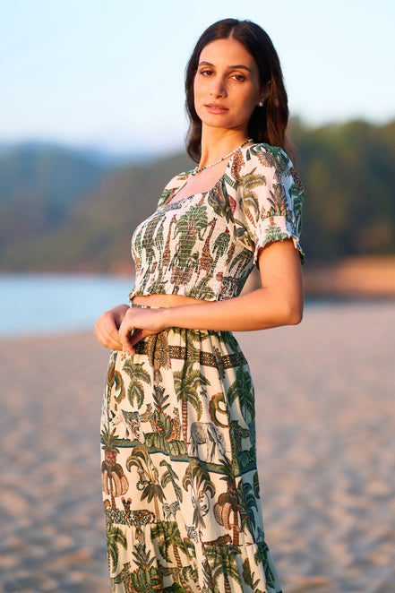 Yumi White Cotton Voile Safari Ruched Crop Top