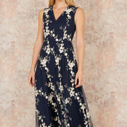 Yumi Navy Mesh Embroidered Maxi Dress