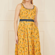 Yumi Mustard Floral Skater Dress with Denim Trims