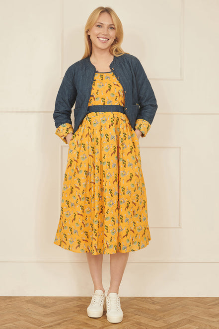 Yumi Mustard Floral Skater Dress with Denim Trims