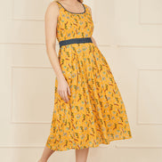 Yumi Mustard Floral Skater Dress with Denim Trims