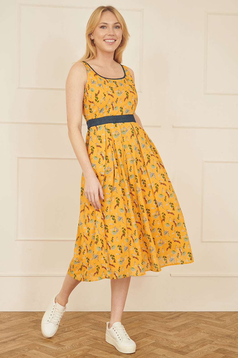 Yumi Mustard Floral Skater Dress with Denim Trims
