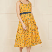 Yumi Mustard Floral Skater Dress with Denim Trims