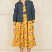 Yumi Mustard Floral Skater Dress with Denim Trims