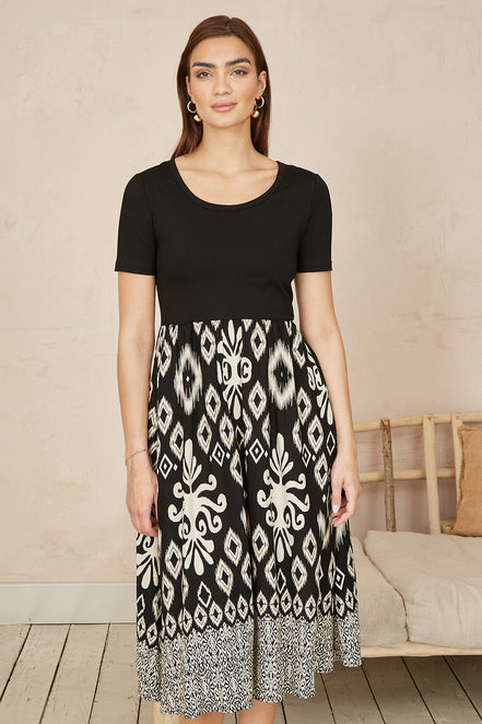 Yumi Black Jersey Stretch Top and Ikat Skirt Midi Dress