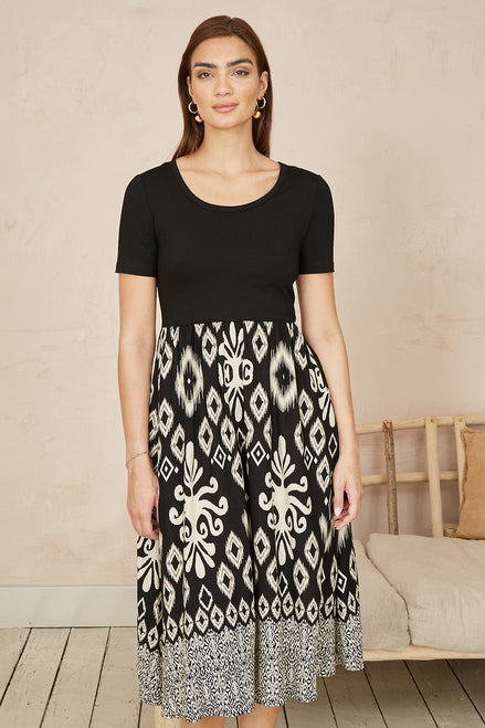 Yumi Black Jersey Stretch Top and Ikat Skirt Midi Dress