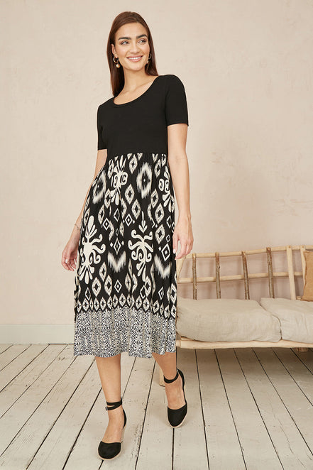 Yumi Black Jersey Stretch Top and Ikat Skirt Midi Dress