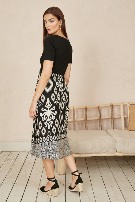 Yumi Black Jersey Stretch Top and Ikat Skirt Midi Dress
