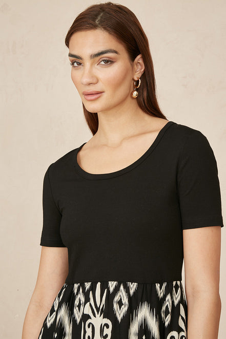 Yumi Black Jersey Stretch Top and Ikat Skirt Midi Dress