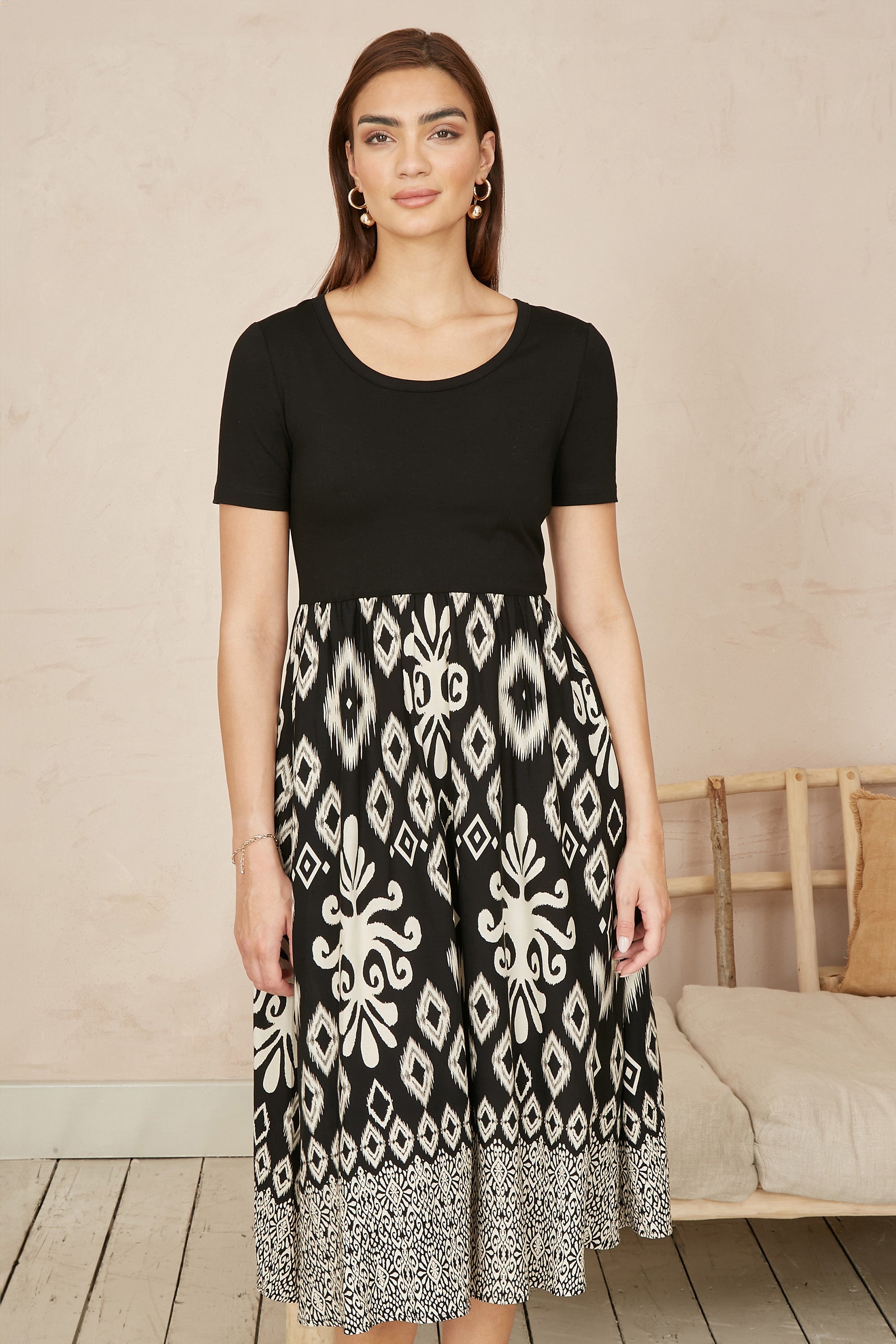 Yumi Black Jersey Stretch Top and Ikat Skirt Midi Dress