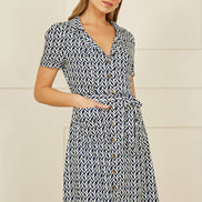 Yumi Navy Geo Print Retro Style Shirt Dress