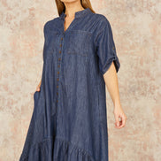 Yumi Blue Chambray Denim Dip Hem Relaxed Fit Shirt Dress