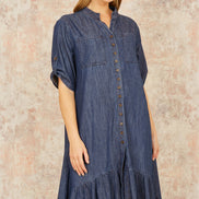 Yumi Blue Chambray Denim Dip Hem Relaxed Fit Shirt Dress