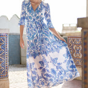 Yumi Blue Paisley Wrap Maxi Dress with 3/4 Sleeve