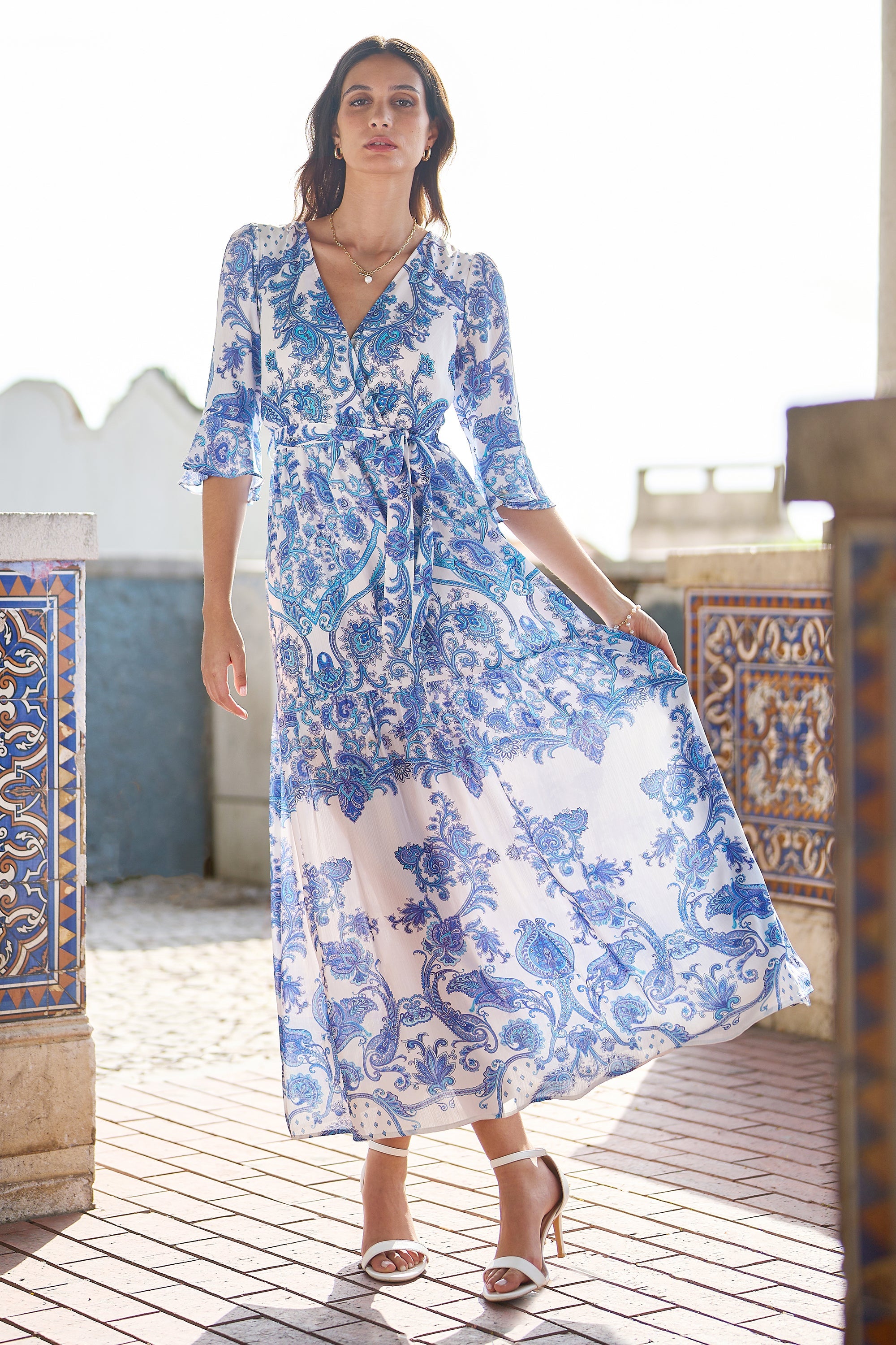 Yumi Blue Paisley Wrap Maxi Dress with 3/4 Sleeve